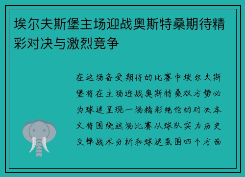 埃尔夫斯堡主场迎战奥斯特桑期待精彩对决与激烈竞争